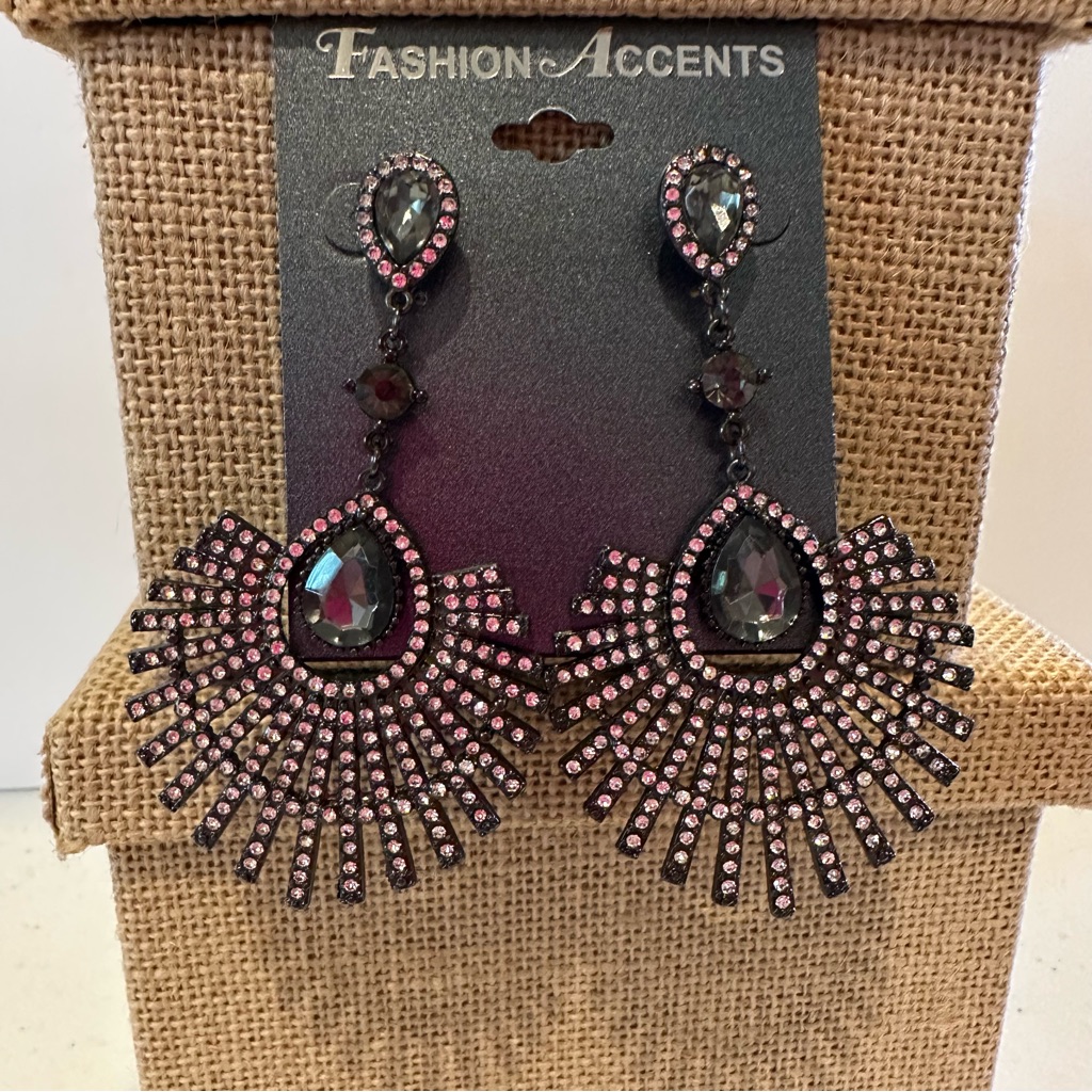 Nwt Fashion Accents Earrings Gunmetal Starburst Black Stone W/ Clear Rhinestones